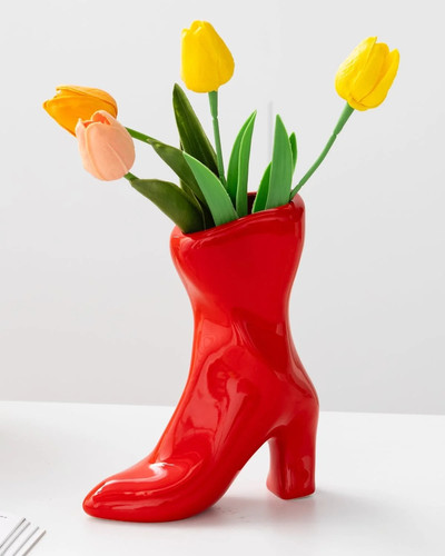 Ceramic boot vase - 7.9", red